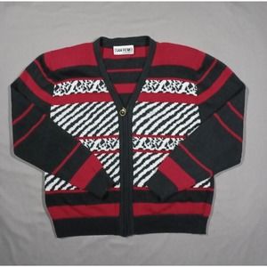 VINTAGE San Remo Sweater Womens L‎ Red Black Gray Cardigan 80s 90s